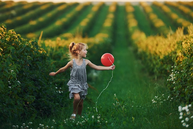 Pozytywna mała dziewczynka z czerwonym balonem w rękach baw się na polu w letni dzień