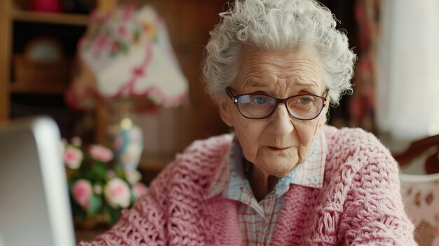 Zdjęcie pozytywna starsza dama w okularach i różowym swetrze siedząca przy stole przeglądająca komputer, surfująca w internecie w domu