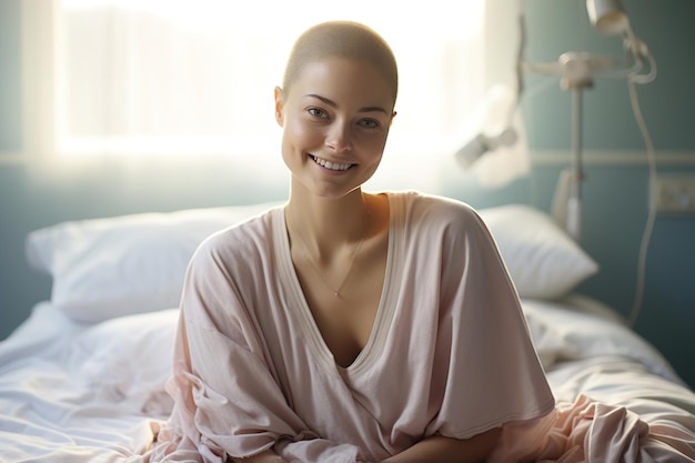 Pozytywna uśmiechnięta łysa pacjentka w bieli siedzi na łóżku w szpitalnym pokoju i patrzy na kamerę