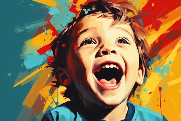 Pozytywne dziecko śmieje się chłopiec na kolorowym tle ilustracja artystyczna Dziecięca radość wow portret