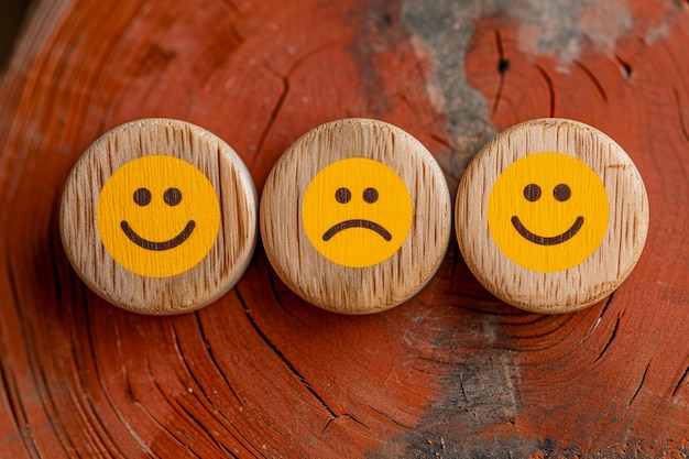 Zdjęcie pozytywne recenzje drewniane guziki wyświetlają uśmiechnięte buźki w ramach koncepcji opinii klientów
