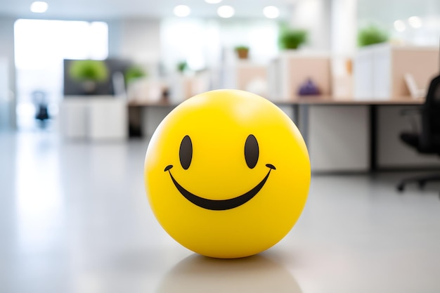 Pozytywność w miejscu pracy wykazana przez żółtą uśmiechniętą piłkę w promocji wnętrza biura