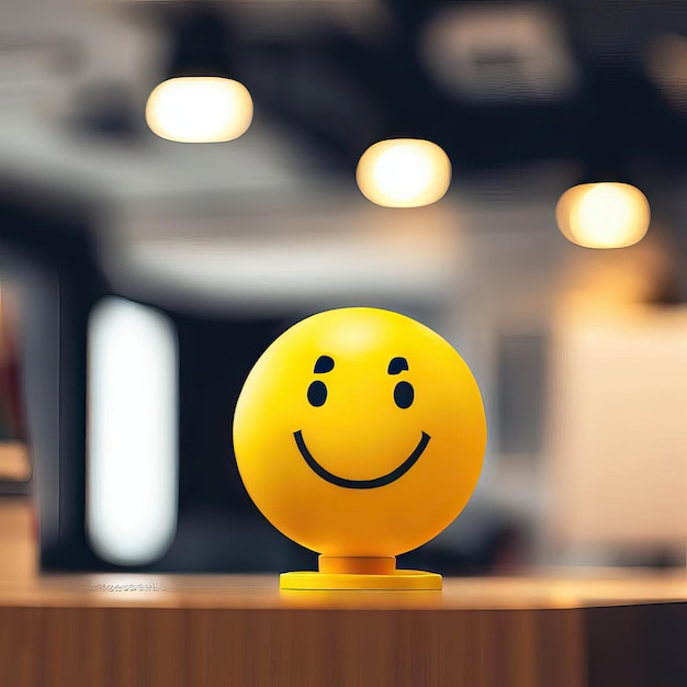 Pozytywność w miejscu pracy z żółtą uśmiechniętą buźką we wnętrzu biura Generative AI