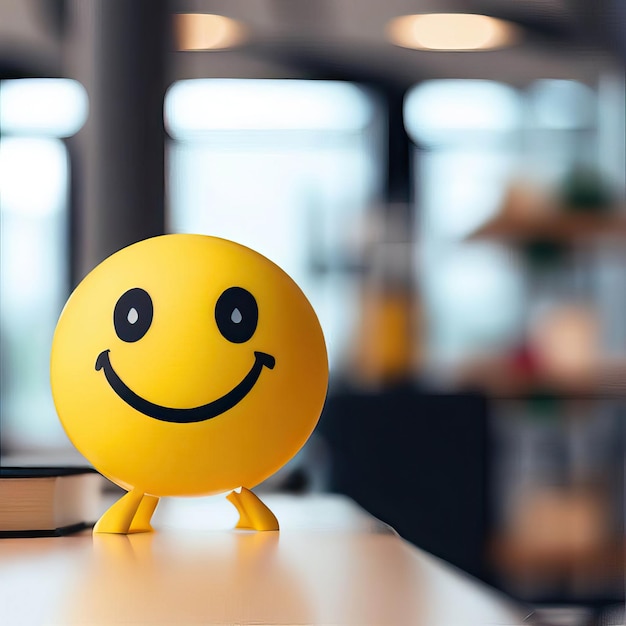 Pozytywność w miejscu pracy z żółtą uśmiechniętą kulką w wnętrzu biuraGeneratywna sztuczna inteligencja