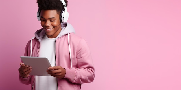 Pozytywny afroamerykański nastolatek z plecakiem, tabletem i słuchawkami uczy się online