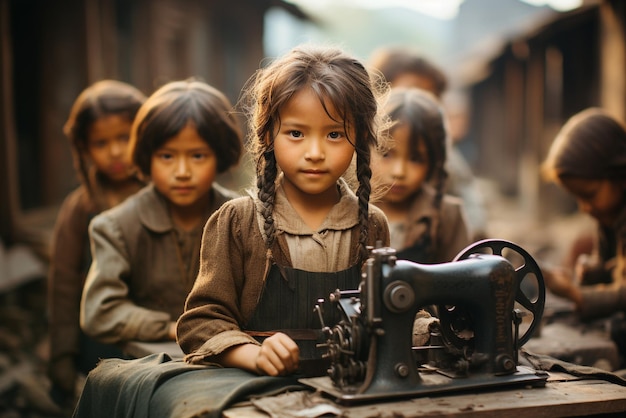 Praca dzieci dzieci szyjących ubrania dla przemysłu włókienniczego i mody kwestia społeczna