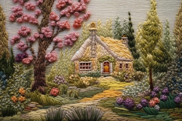 Praca hafciarska domu w ogrodzie z drzewami i kwiatami generatywnymi ai