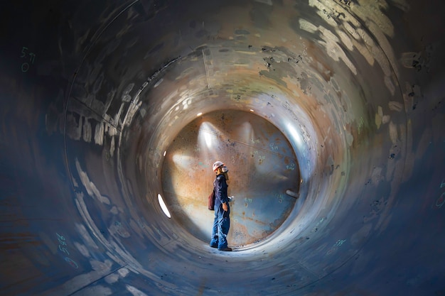 Praca inspekcyjna spoina męska pod ziemią tunelu wyposażenia zbiornika.