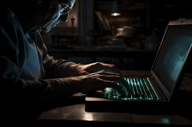 Zdjęcie praca w cieniu z rękami na klawiaturze w zaciemnionym domowym obszarze roboczym generacyjna sztuczna inteligencja