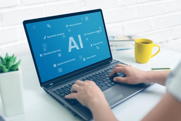 Praca z koncepcją aplikacji AI AI otoczona ikonami i technologiami na wyświetlaczu laptopa Ręce wpisują na zbliżeniu klawiatury