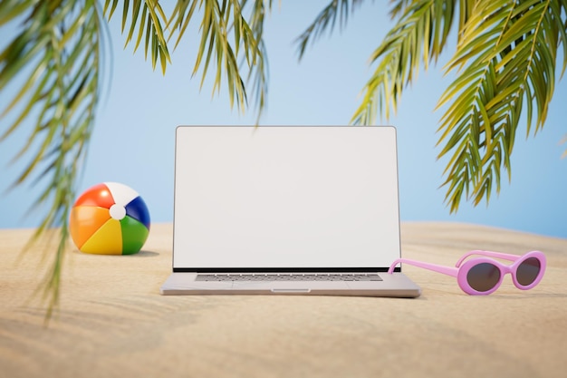 Praca zdalna na wakacjach laptop obok okularów przeciwsłonecznych na piaskowatej plaży renderowania 3D