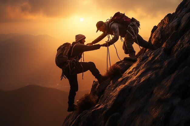 praca zespołowa dwóch alpinistów na szczycie góry o wschodzie słońca