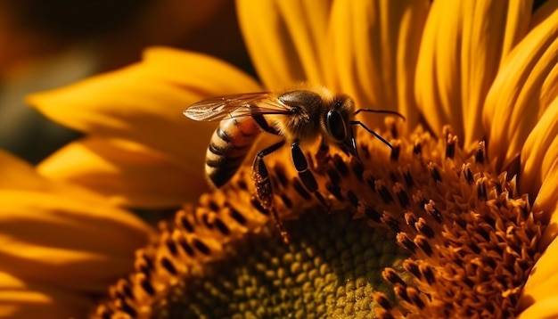 Pracowita pszczoła miodna zapyla pojedynczy płatek słonecznika generowany przez sztuczną inteligencję