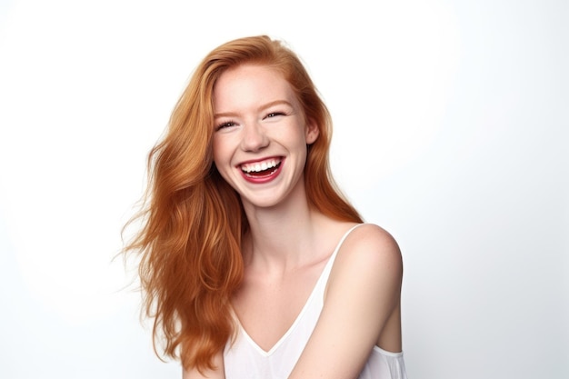 Pracowniany portret atrakcyjna młoda kobieta uśmiecha się stojąc na białym tle