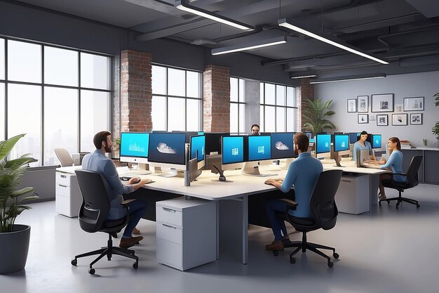 Pracownicy biurowi w grupie 3D pracują w biurze lub przestrzeni coworkingowej z komputerami i laptopami