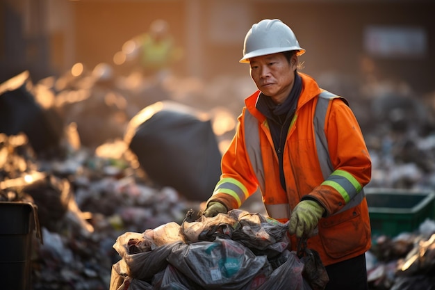 Pracownicy branży recyklingowej poddają recyklingowi przedmioty za pomocą centrum recyklingu obiektywów makro