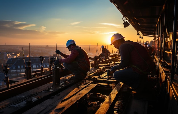 Pracownicy budowlani na zachodzie słońca Dwóch mężczyzn w kaskach pracujących na placu budowy