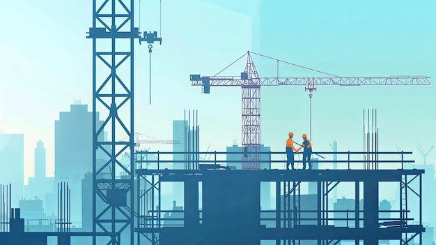 Pracownicy budowlani na znacznych wysokościach na rusztowaniach lub platformach Idealny dla firm zajmujących się budową wieżowców, odzwierciedlających istotę ich środowiska pracy i wiedzy specjalistycznej