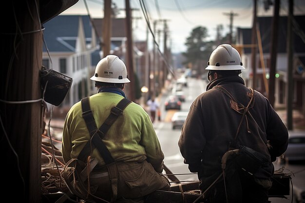 Pracownicy budowlani naprawiają uszkodzone linie elektryczne po huraganie