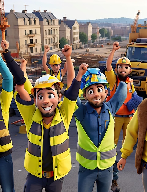 Pracownicy budowlani w żółtych kamizelkach podnoszą ręce w powietrze.