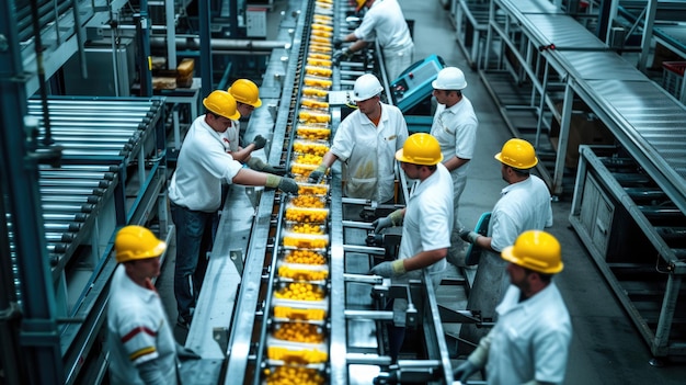 Zdjęcie pracownicy fabryki budowlanej montują maszyny na taśmie przenośnej