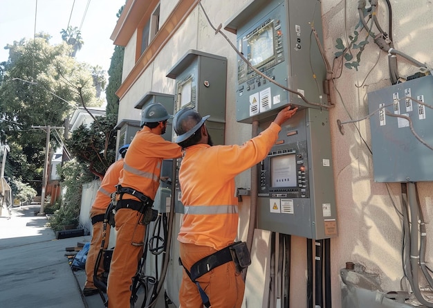 Pracownicy instalujący inteligentne liczniki w dzielnicach mieszkalnych, efektywne wykorzystanie energii, modernizacja