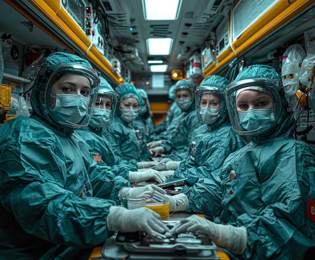 Pracownicy medyczni w garniturach ochronnych siedzą w rzędzie w szpitalu