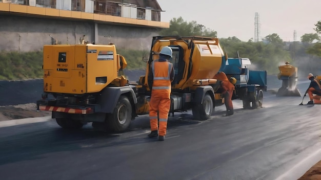 Pracownicy nakładają nową powłokę asfaltu na drogę