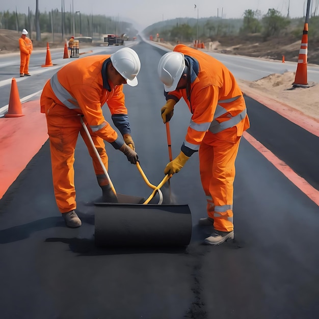 Pracownicy nakładają nową powłokę asfaltu na drogę