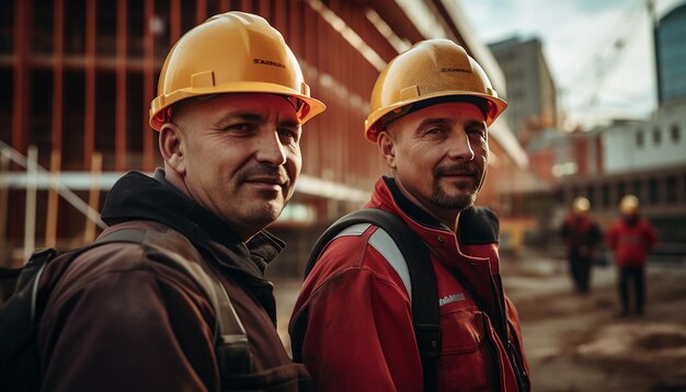 Zdjęcie pracownicy noszący hełmy na placu budowy