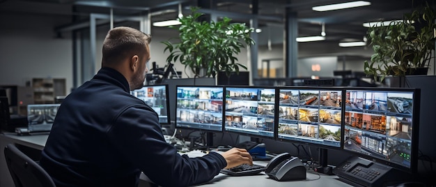 Zdjęcie pracownicy ochrony obserwują nowoczesne kamery cctv w pomieszczeniach