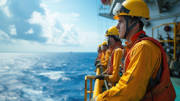 Pracownicy platform morskich na platformie wodnej noszące hełmy ochronne AIG41