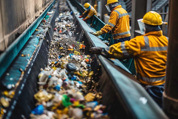 Pracownicy sortują recykling na przenośniku w nowoczesnym zakładzie recyklingu odpadów i śmieci