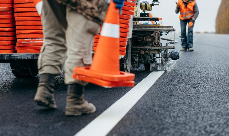 Pracownicy stosujący nowe oznakowanie dróg poza miastem