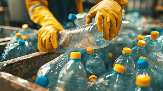 Zdjęcie pracownicy w sprzęcie ochronnym sortujący plastikowe butelki na przenośniku do recyklingu