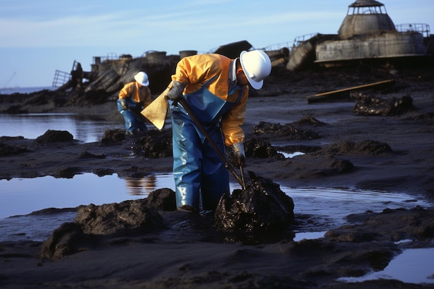 Pracownicy W Sprzęcie Ochronnym Sprzątający Wycieki Ropy Naftowej Sprzątanie