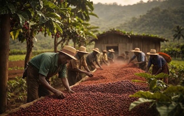 Pracownicy wybierają ziarna kawy na farmie kawy generowanej przez sztuczną inteligencję