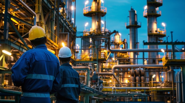 pracownicy zakładu przemysłowego zajmującego się produkcją i przetwarzaniem ropy naftowej