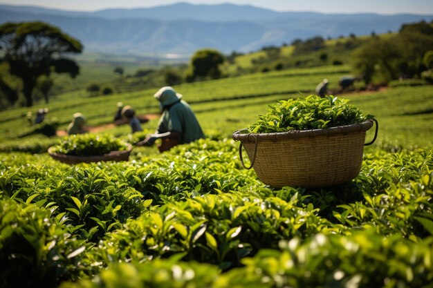 Pracownicy zbierają herbatę cejlonową na zielonej plantacji