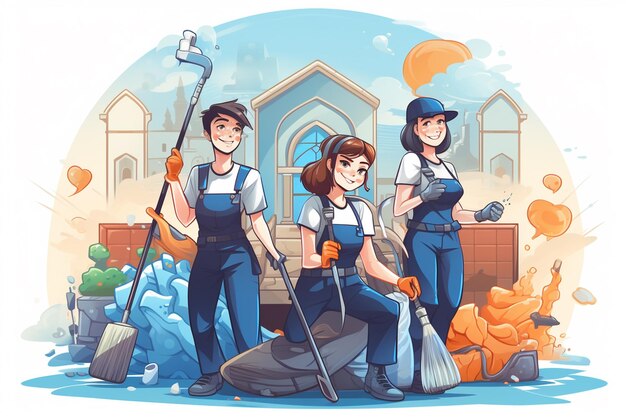 Pracownicy zespołu sprzątającego sprzątający dom