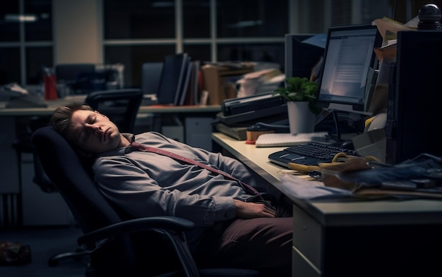Pracownik biurowy DeskBound śpi na swoim krześle Generacyjna sztuczna inteligencja