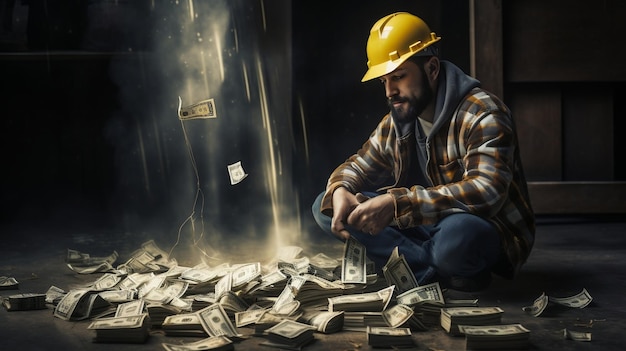 Pracownik budowlany lub robotnik inwestujący pieniądze Zdjęcie motywacyjne