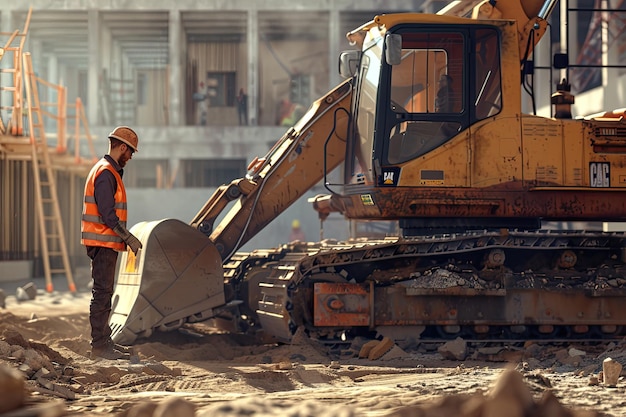 Pracownik budowlany obsługujący ciężkie maszyny na placu budowy