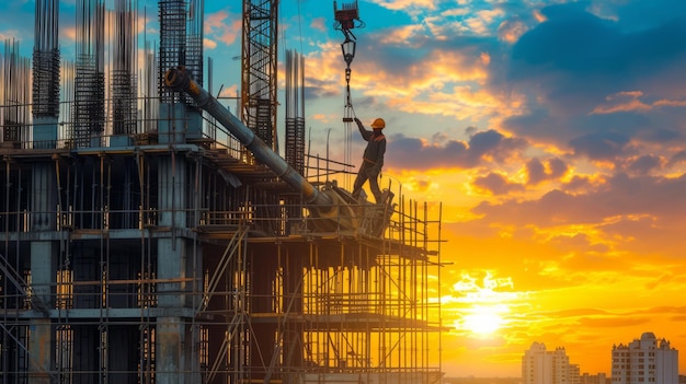 Pracownik budowlany stojący na rusztowaniu przy zachodzie słońca