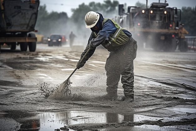 pracownik budowlany wylewa mokry beton na budowie drogi