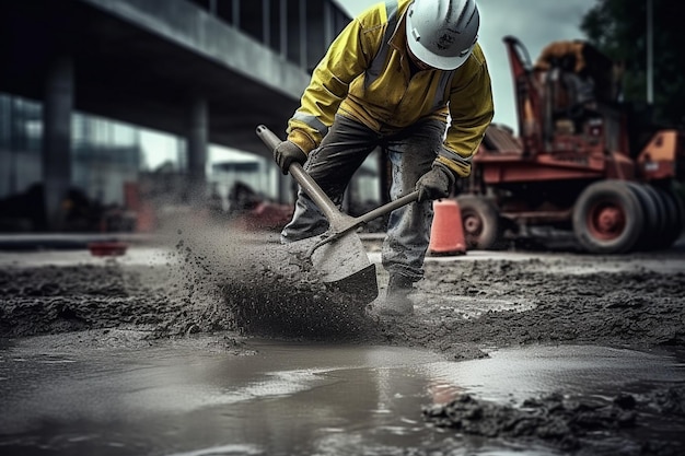 pracownik budowlany wylewa mokry beton na budowie drogi