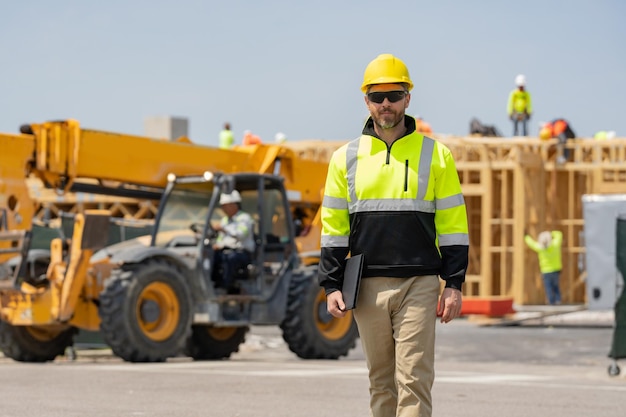 Pracownik budowniczy na placu budowy obraz w hardhat budowy mężczyzna z kaskiem pracownik w constru