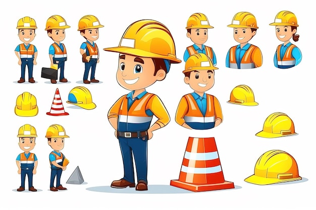 Zdjęcie pracownik budowy postaci z kreskówek z różnymi pozami do budowy postaci z kreskówek