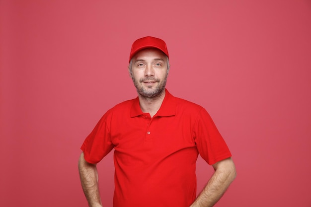 Pracownik dostawy w czerwonej czapce pustej koszulce mundurze patrząc na kamerę uśmiechający się pewny siebie szczęśliwy i pozytywny stojąc na czerwonym tle