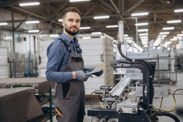 Zdjęcie pracownik fabryczny kontrolujący produkcję okien i drzwi aluminiowych i pvc